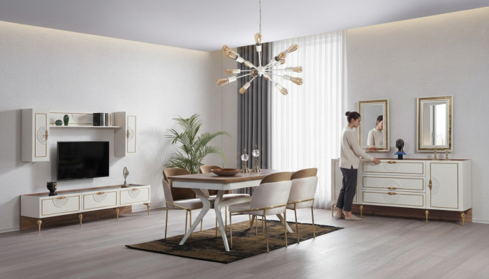 Salle à manger Set Suite Table 4x Chaises Buffet 2x Miroir Unité murale 11pcs.
