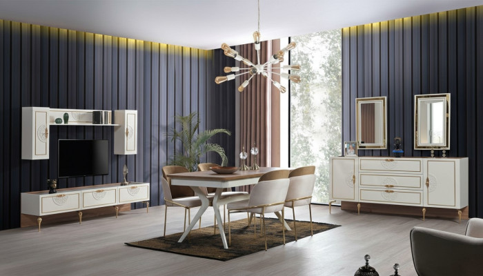 Salle à manger Set Suite Table 4x Chaises Buffet 2x Miroir Unité murale 11pcs.
