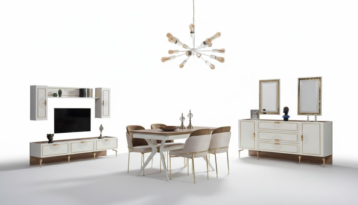 Salle à manger Set Suite Table 4x Chaises Buffet 2x Miroir Unité murale 11pcs.