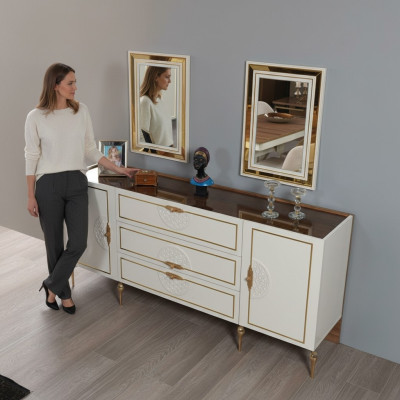 Ensemble de salon Buffet avec 2x Miroir Suite Bois 3 pièces Buffet Blanc