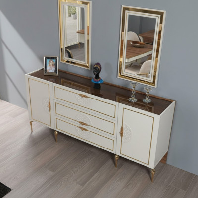 Ensemble de salon Buffet avec 2x Miroir Suite Bois 3 pièces Buffet Blanc