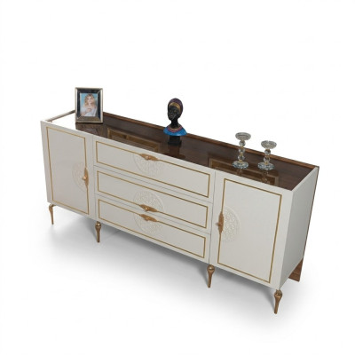 Ensemble de salon Buffet avec 2x Miroir Suite Bois 3 pièces Buffet Blanc
