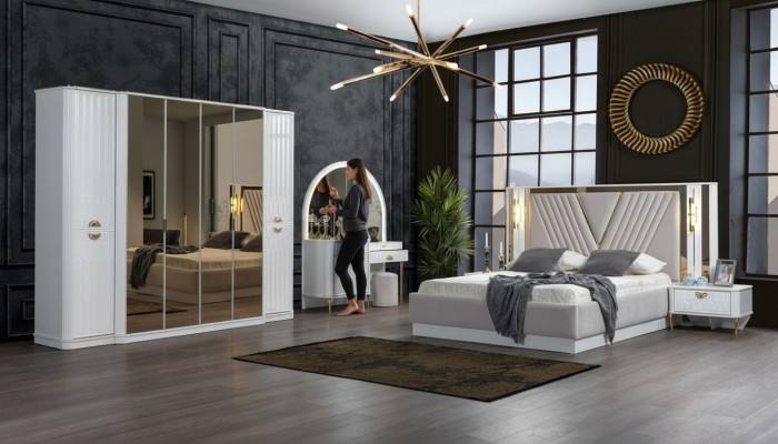 Ensemble de chambre à coucher Lit 2x Tables de chevet Armoire 5 pièces Moderne neuf