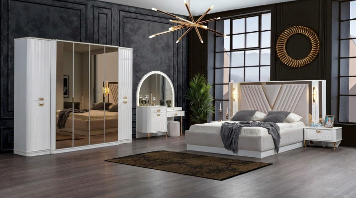 Ensemble de chambre à coucher Lit 2x Tables de chevet Armoire 5 pièces Moderne neuf