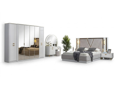 Ensemble de chambre à coucher Lit 2x Tables de chevet Armoire 5 pièces Moderne neuf