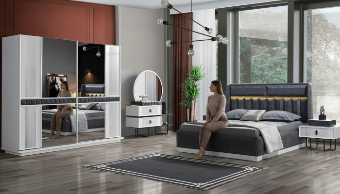 Ensemble de chambre à coucher Lit 2x Table de chevet 5 pcs Design Moderne Luxe Complet