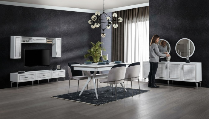 Salle à manger Ensemble Table 4x Chaises Buffet 2x Miroir Unité murale 11 pièces Suite