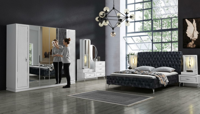 Chambre Lit 2x Table de chevet 5 pcs. Ensemble Design Moderne Luxe neuf Blanc