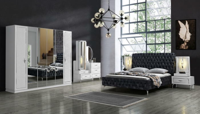 Chambre Lit 2x Table de chevet 5 pcs. Ensemble Design Moderne Luxe neuf Blanc
