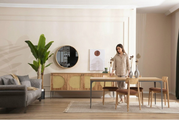 Salle à manger Ensemble Table à manger en bois Ensemble Table Bahut Miroir 4x chaises 7 pièces.
