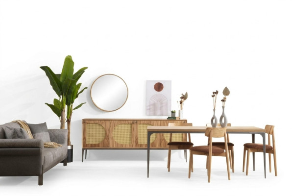 Salle à manger Ensemble Table à manger en bois Ensemble Table Bahut Miroir 4x chaises 7 pièces.