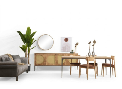 Salle à manger Ensemble Table à manger en bois Ensemble Table Bahut Miroir 4x chaises 7 pièces.