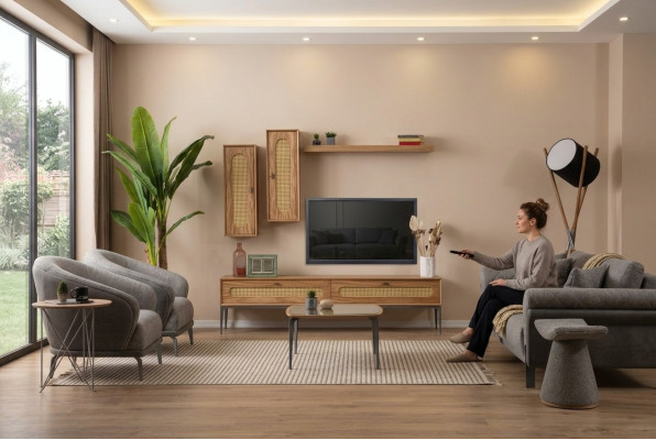 Meuble TV bas en bois pour salon avec étagères murales, ensemble de 4 pièces.
