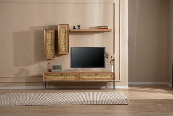 Meuble TV bas en bois pour salon avec étagères murales, ensemble de 4 pièces.