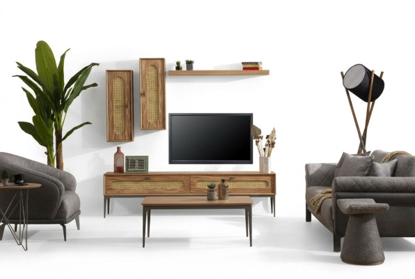 Meuble TV bas en bois pour salon avec étagères murales, ensemble de 4 pièces.