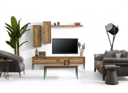 Meuble TV bas en bois pour salon avec étagères murales, ensemble de 4 pièces.