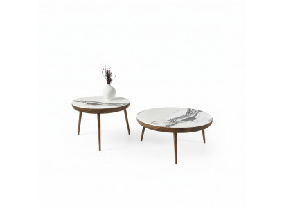 Table basse en 2 pièces. Table de salon. Mobilier rond en bois blanc. Design.