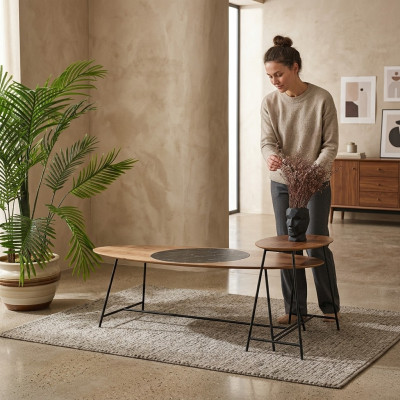 Table basse moderne Table d'appoint Design Salon en bois ovale 2 pièces.