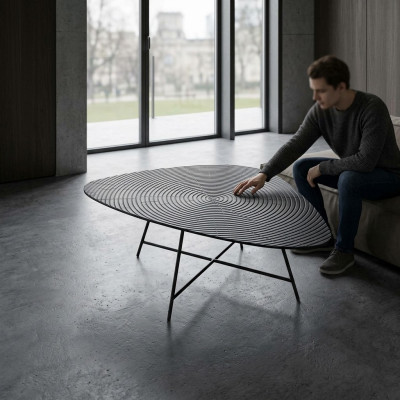 Élégante table basse noire pour le salon avec un plateau sculpté.
