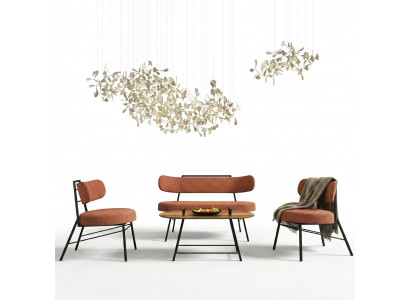Ensemble de 4 pièces. Tabouret 2x Chaises Table basse Tabouret de siège Textile Bois Designer