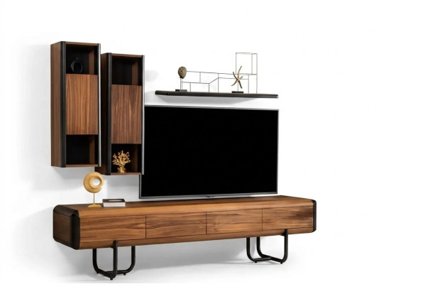 Un magnifique dressing télé de style loft avec des étagères murales qui donneront à votre salon un look chic