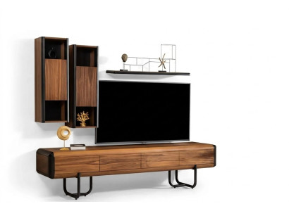 Un magnifique dressing télé de style loft avec des étagères murales qui donneront à votre salon un look chic