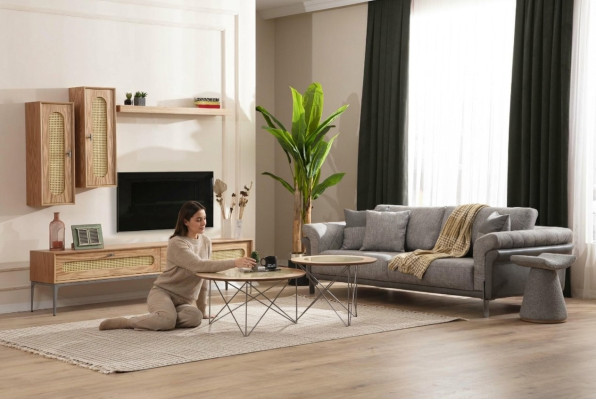 Armoire TV Meuble bas TV Meuble télé Canapé 3 places 2x Tables basses Mur TV