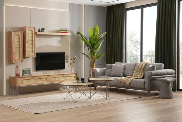 Armoire TV Meuble bas TV Meuble télé Canapé 3 places 2x Tables basses Mur TV