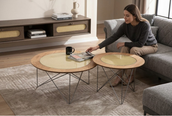 Style italien 2 tables basses rondes de luxe marron pour salon