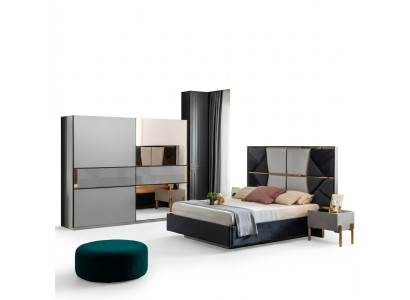Parfait ensemble de meubles de chambre en tons gris avec incrustations d'or