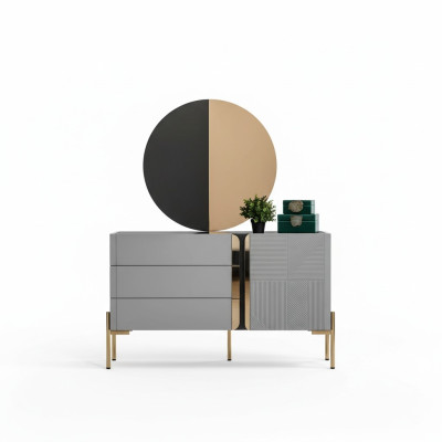 Beau chiffonnier avec miroir dans des tons gris avec incrustations dorées