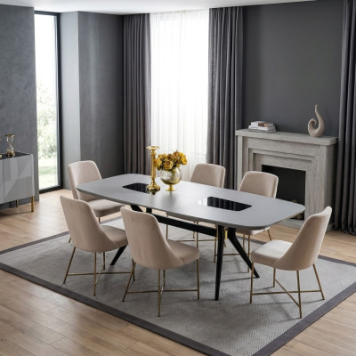 Moderne table certainement belle avec des chaises dans des tons gris et beige