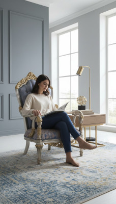 Fauteuil luxueux de style classique pour le salon avec des motifs décoratifs dorés.