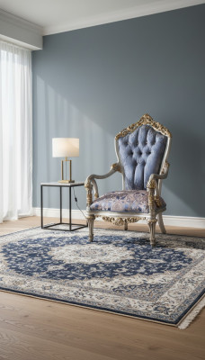 Fauteuil luxueux de style classique pour le salon avec des motifs décoratifs dorés.
