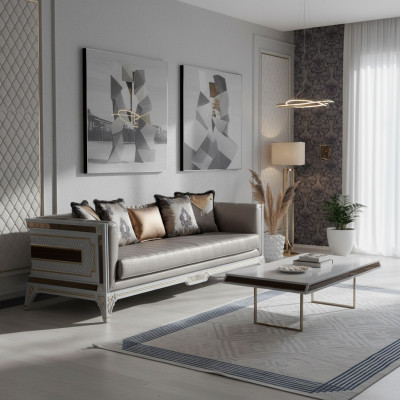 Canapé design moderne de luxe 3 places en bois Mobilier Tissu Gris neuf