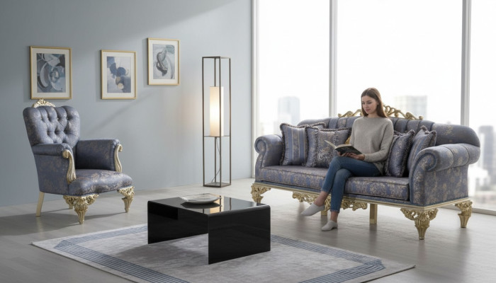 Canapé 3 places Tissu Fauteuil Canapé Rembourrage Mobilier 3+1 Trois places Bleu
