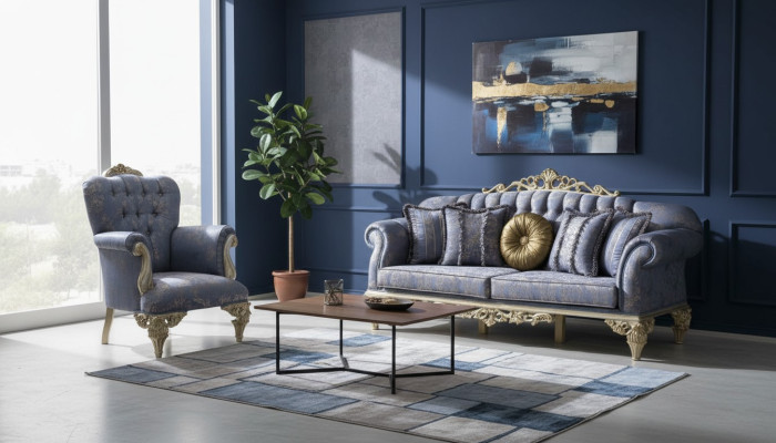 Canapé 3 places Tissu Fauteuil Canapé Rembourrage Mobilier 3+1 Trois places Bleu