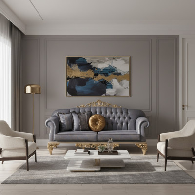 Canapé classique sophistiqué de style Chesterfield pour le salon avec des coussins dorés