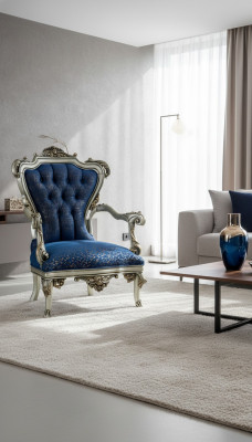Un fauteuil classique fabuleux en style bleu avec des motifs décoratifs.