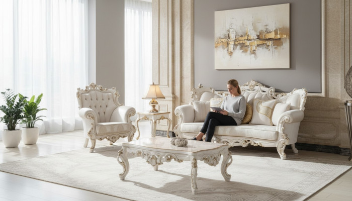 Canapé Chesterfield ensemble de rembourrage 3+1 places en textile blanc Table basse de trois places