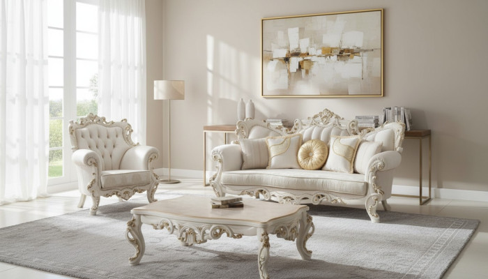 Canapé Chesterfield ensemble de rembourrage 3+1 places en textile blanc Table basse de trois places