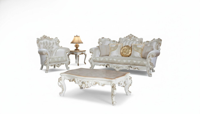 Canapé Chesterfield ensemble de rembourrage 3+1 places en textile blanc Table basse de trois places