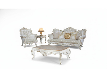 Canapé Chesterfield ensemble de rembourrage 3+1 places en textile blanc Table basse de trois places