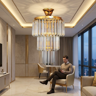 Lustre au plafond design luxueux en cristal doré pour un style moderne de salon