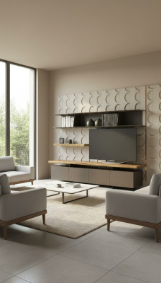 Meuble TV moderne avec étagères murales, armoires de rangement de luxe en noyer naturel.