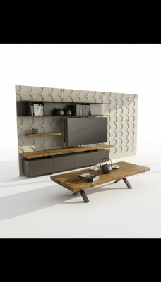 Meuble TV moderne avec étagères murales, armoires de rangement de luxe en noyer naturel.