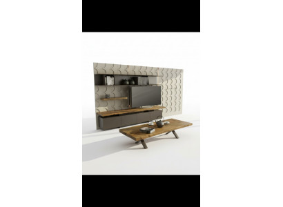 Meuble TV moderne avec étagères murales, armoires de rangement de luxe en noyer naturel.