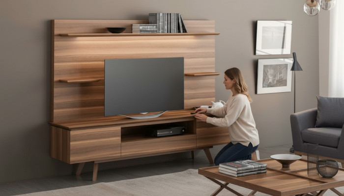 Étagères de luxe naturelles en noyer Mobilier moderne pour salon Étagères suspendues nouveaudevotre texte traduit apparaîtra ici