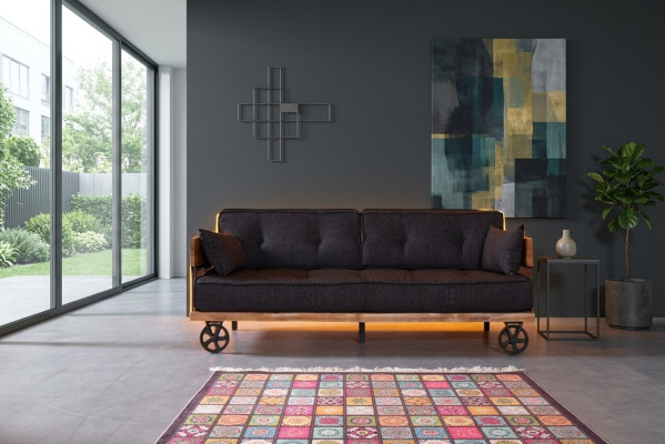 Canapé en tissu noir sur roues, design loft avec structure en bois, meuble de canapé