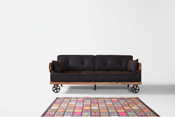 Canapé en tissu noir sur roues, design loft avec structure en bois, meuble de canapé